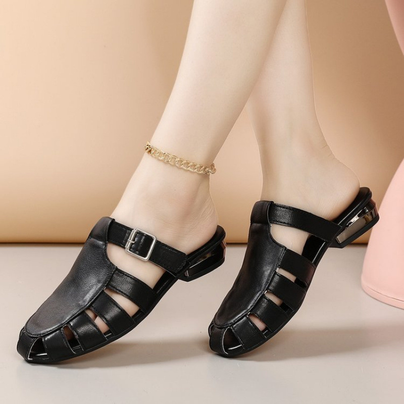 外码大码包头半拖鞋女2025夏新款复古镂空编织皮带扣低跟猪笼拖鞋