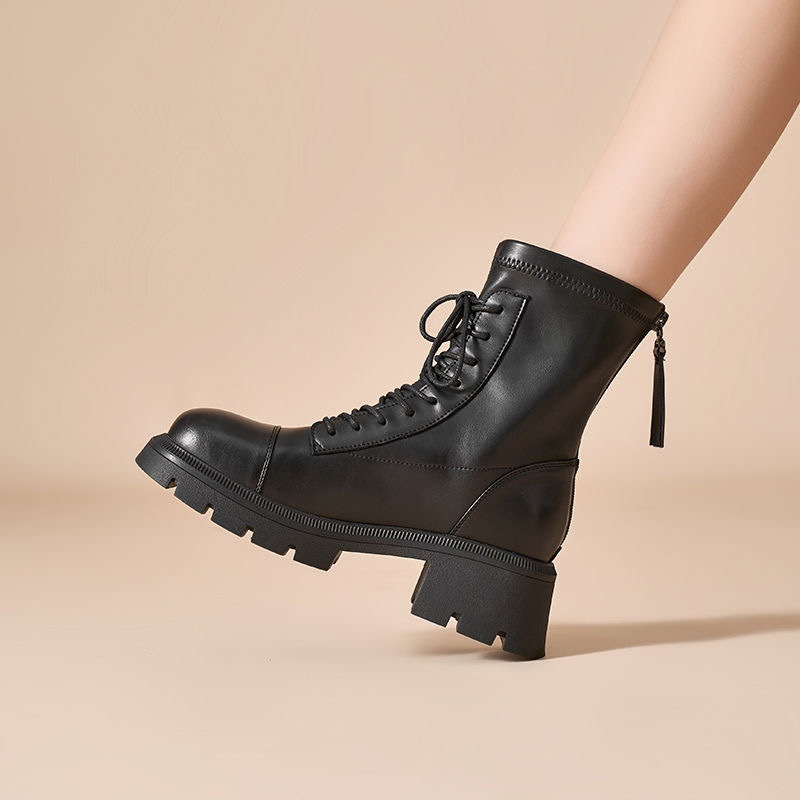 英伦风粗跟软皮马丁靴防水加绒保暖中筒靴2024冬新款舒适防滑皮靴