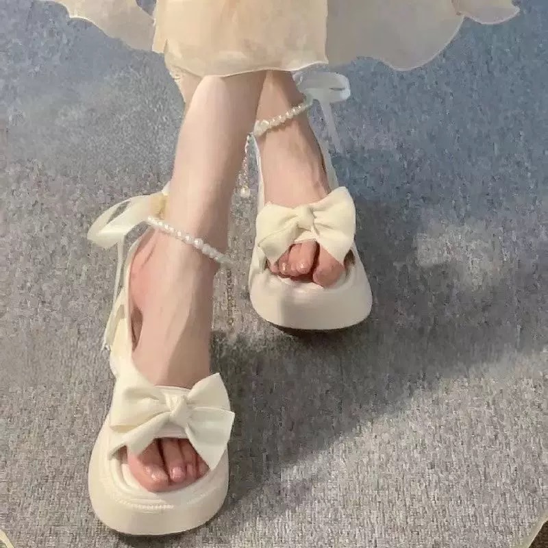 韩版公主假日凉鞋女夏季2025新款蝴蝶结厚底仙女风配裙子罗马凉鞋