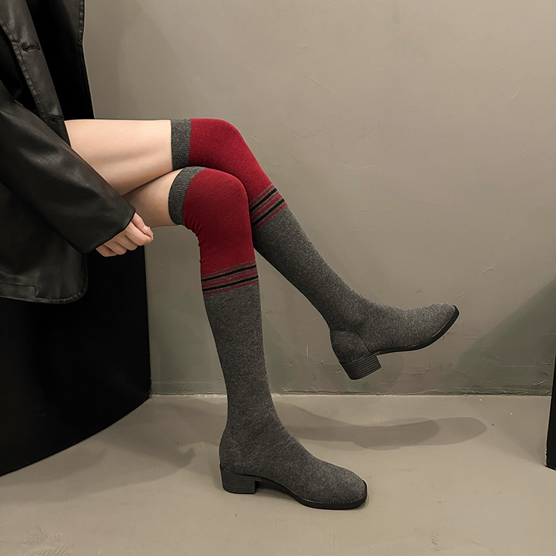 长筒显瘦女方头粗高跟春秋单靴大腿弹力靴针织袜子靴连袜过膝