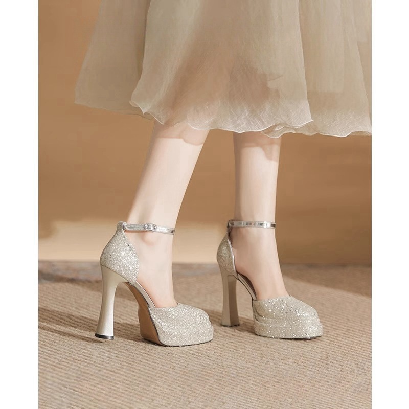 超高跟12cm防水台一字扣水晶鞋婚鞋新娘鞋演出不累脚粗跟高跟鞋