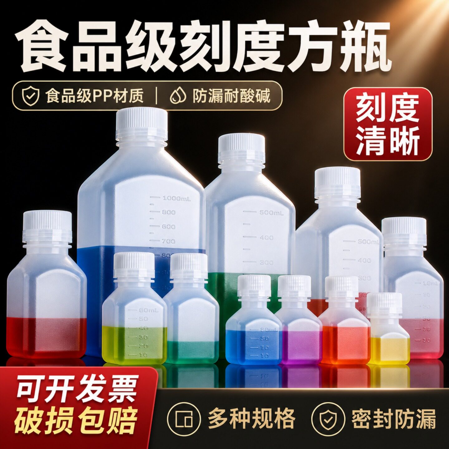 塑料瓶子食品级刻度方瓶透明方瓶PP5500ml密封带刻度方形试剂瓶