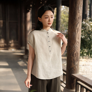山东即墨鹿与安笛2026新款女装亚麻短袖女t恤宽松立领高级感复古