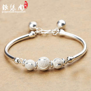 99足银手镯纯银镯子女转珠简约时尚银手链带铃铛款送女友生日礼物