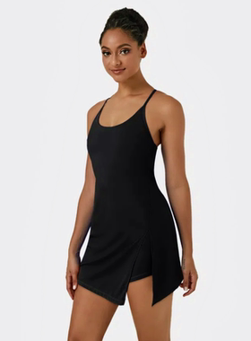 H17 欧美黑色瑜伽网球羽毛球裙运动裤套装口袋短裤健身房美背吊带