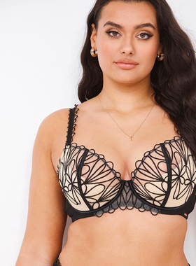 B28 欧美大码女内衣性感上托黑色刺绣全罩杯薄款文胸100G105F110D