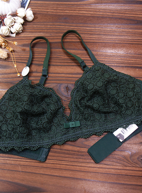 C2 欧美法国无钢托女内衣墨绿色超薄透明网纱镂空刺绣文胸70A75AB