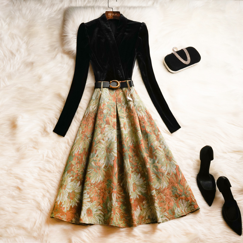 欧美A字裙金丝绒提花腰带假两件