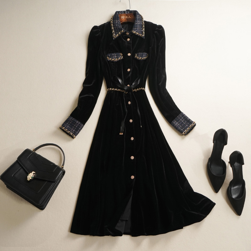 ol金丝绒纯色系带小香风连衣裙