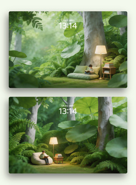 林中阅读 清新治愈可爱 绿色清凉 电脑mac手机ipad壁纸watch壁纸