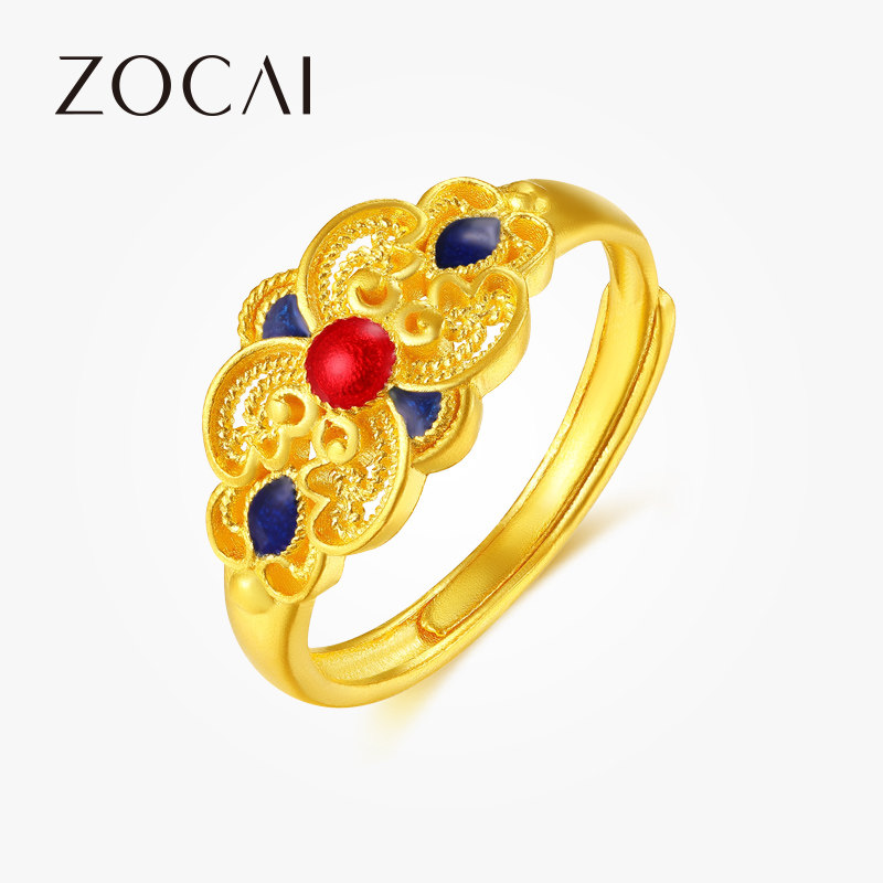 佐卡伊 繁花似锦足金戒指女款花丝珐琅复古宫廷风开口黄金戒指男