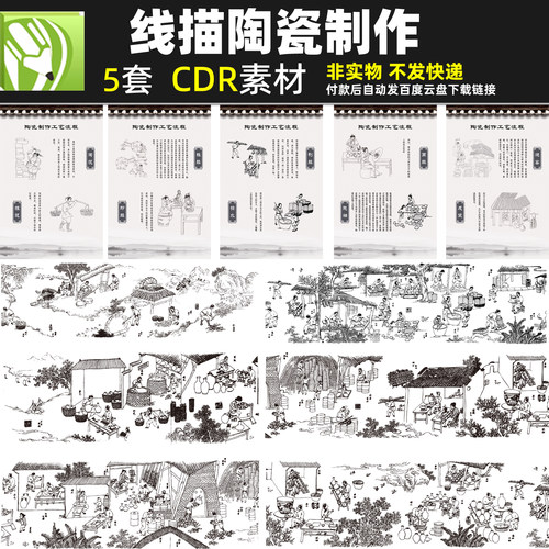 线描陶瓷制作工艺流程CDR矢量素材古法陶艺插图古风古代劳动图片