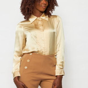 高端 纯元 出口欧美  褶皱 真丝绸 长袖 衬衫