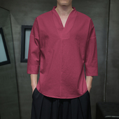 男士 禅服茶服上衣 道服棉麻中袖 七分袖 T恤中国风古风交领汉服短袖