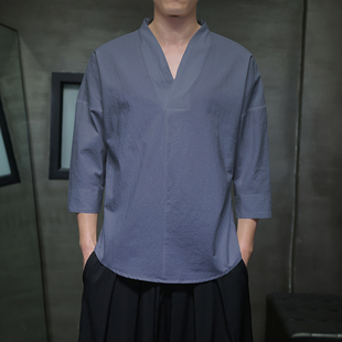 春夏季棉麻体恤中国风居士服T恤男七分袖打底衫中医养生馆工作服