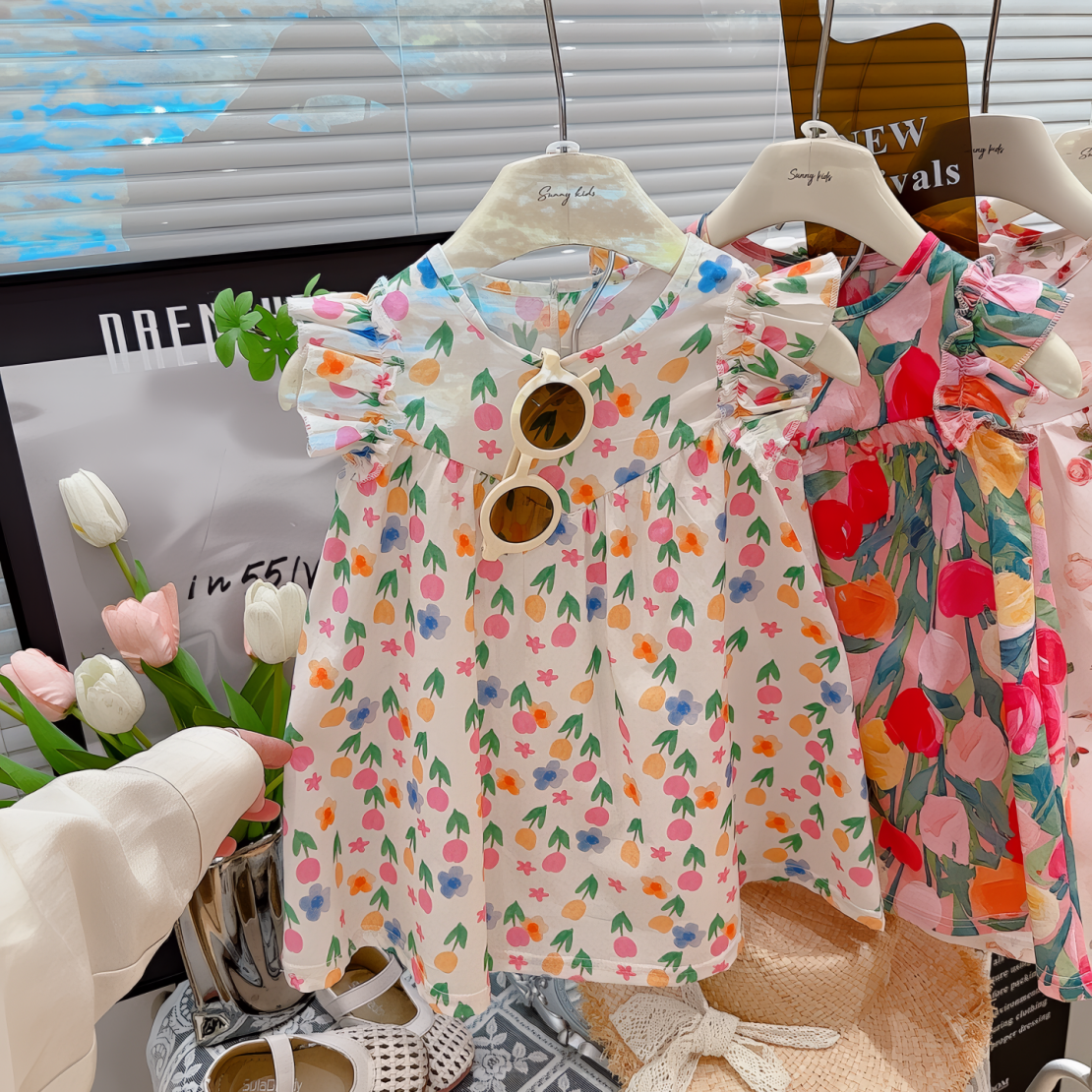 儿童纯棉连衣背心裙宝宝飞袖裙子裙夏季女童碎花裙公主裙女宝吊带