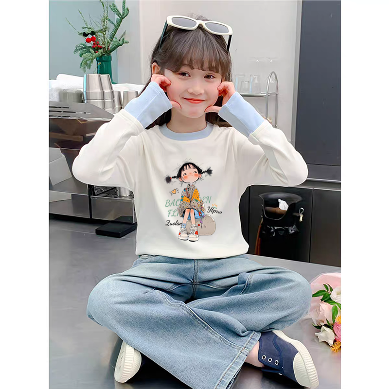 女童德绒圆领长袖t恤2025秋冬新款小孩儿童宝宝休闲打底印花上衣