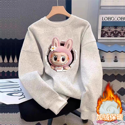 100%纯棉女童加绒加厚卫衣2025秋冬新款儿童宝宝洋气卡通印花上衣