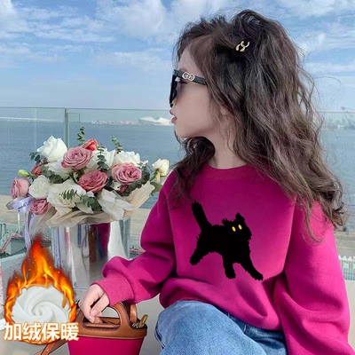 100%纯棉女童加绒加厚卫衣2025秋冬新款儿童宝宝卡通动漫保暖上衣