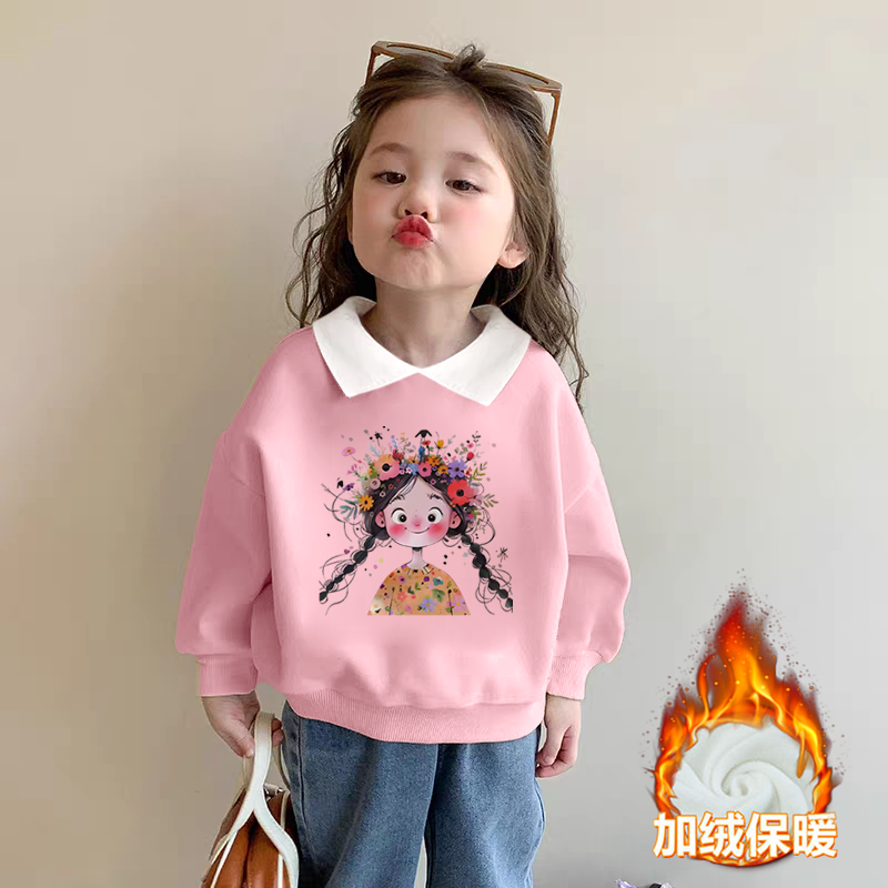100%纯棉女童加绒加厚长袖POLO领卫衣秋冬季儿童宝宝卡通动漫上衣