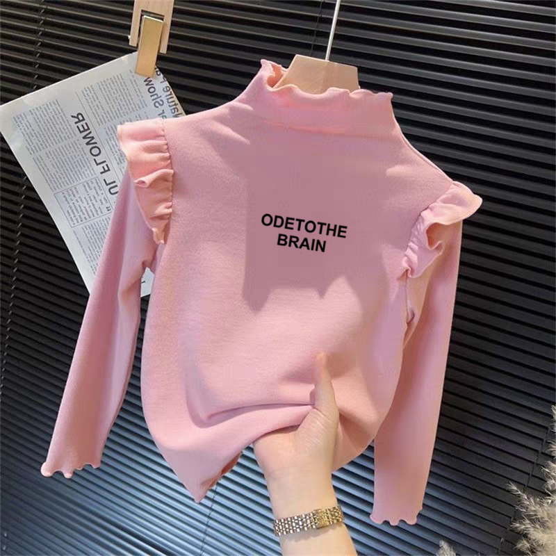 德绒女童纯色半高领长袖T恤秋冬季新款儿童宝宝简约印花保暖上衣