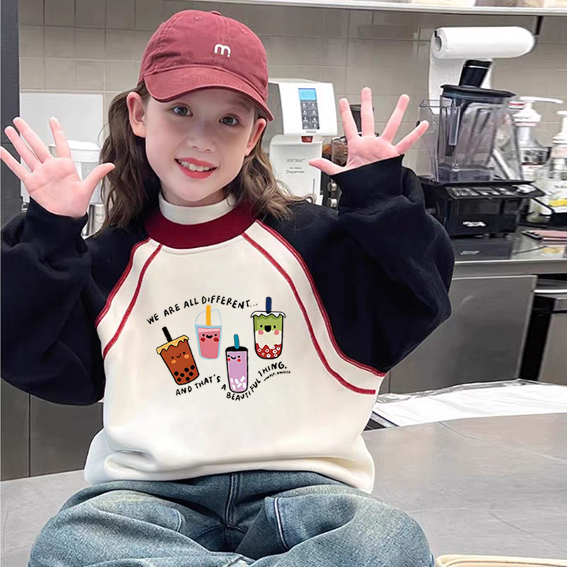 100%纯棉女童加绒加厚插肩拼色卫衣秋冬新款儿童宝宝洋气印花上衣