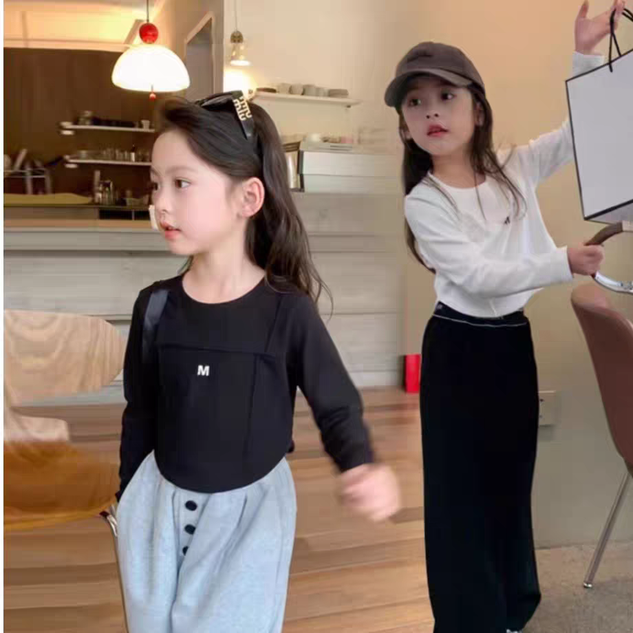 女童洋气纯棉长袖T恤2025春秋儿童宝宝修身短款高腰圆弧打底上衣