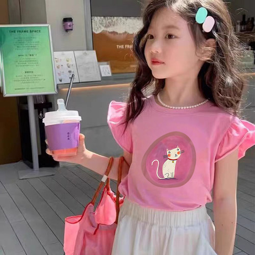 100%纯棉女童装圆领短袖T恤2026夏季儿童宝宝洋气韩版小飞袖上衣