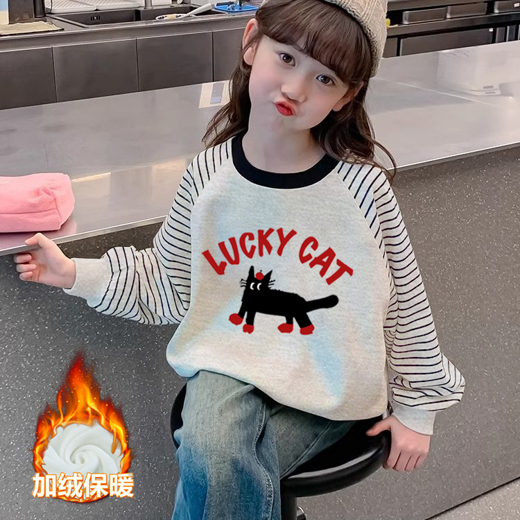 100%纯棉女童加绒条纹卫衣2025秋冬新款儿童宝宝卡通百搭印花上衣