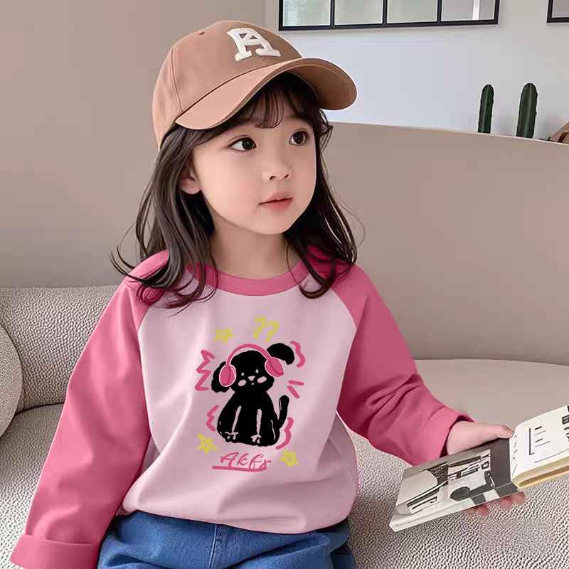 纯棉女童插肩圆领长袖t恤2026春秋新款小孩儿童宝宝韩版印花上衣