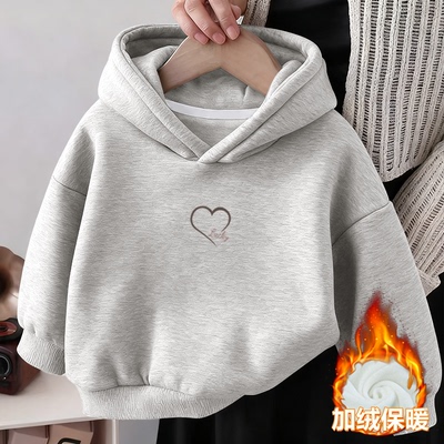 纯棉女童加绒加厚连帽卫衣2025秋冬新款儿童宝宝时尚简约印花上衣