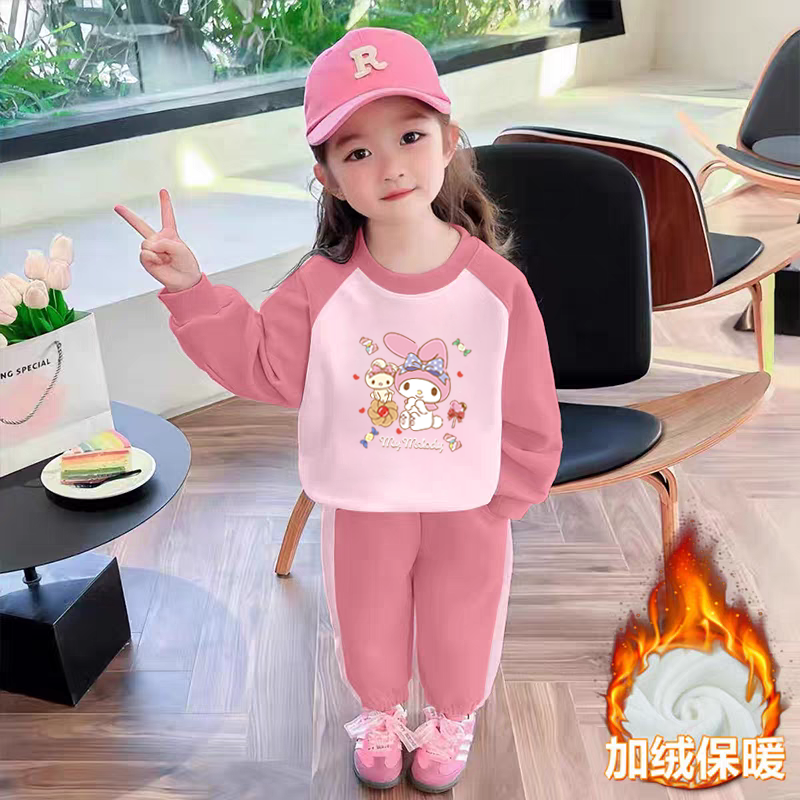 100%纯棉女童加绒卫衣两件套秋冬季新款儿童宝宝卡通动漫运动套装