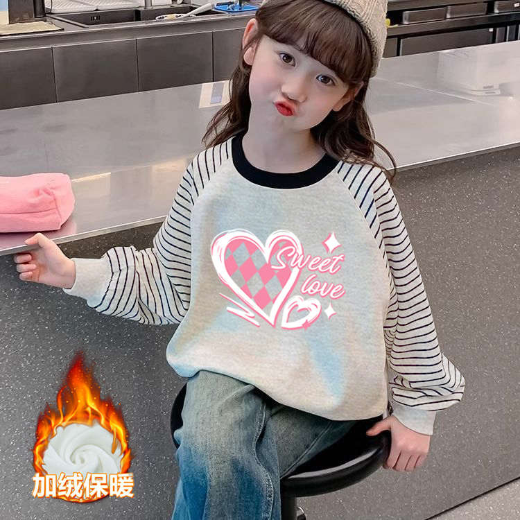 纯棉女童加绒加厚条纹卫衣2025秋冬新款儿童宝宝卡通动漫印花上衣