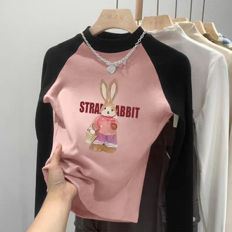 女童拼色加厚德绒半高领长袖t恤秋冬季新款儿童宝宝洋气印花上衣