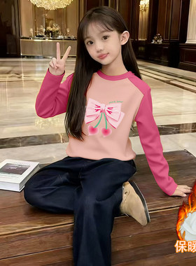 双面德绒女童加绒加厚长袖T恤秋冬季新款儿童宝宝卡通韩版打底衫