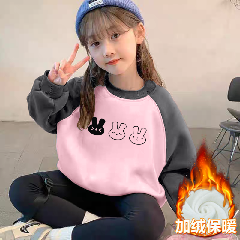 纯棉女童加绒加厚拼色圆领卫衣2025秋冬新款儿童宝宝卡通动漫上衣