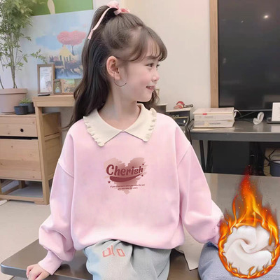 纯棉女童加绒加厚POLO卫衣2025秋冬新款中大儿童宝宝卡通洋气上衣