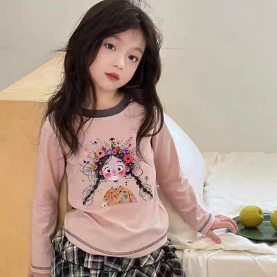 100%纯棉女童长袖t恤春秋新款中大儿童宝宝洋气卡通印花百搭上衣