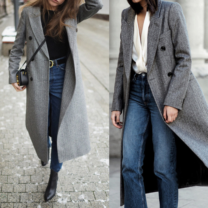 欧美博主街拍双排扣人字纹羊毛大衣女中长款过膝加厚毛呢外套秋冬