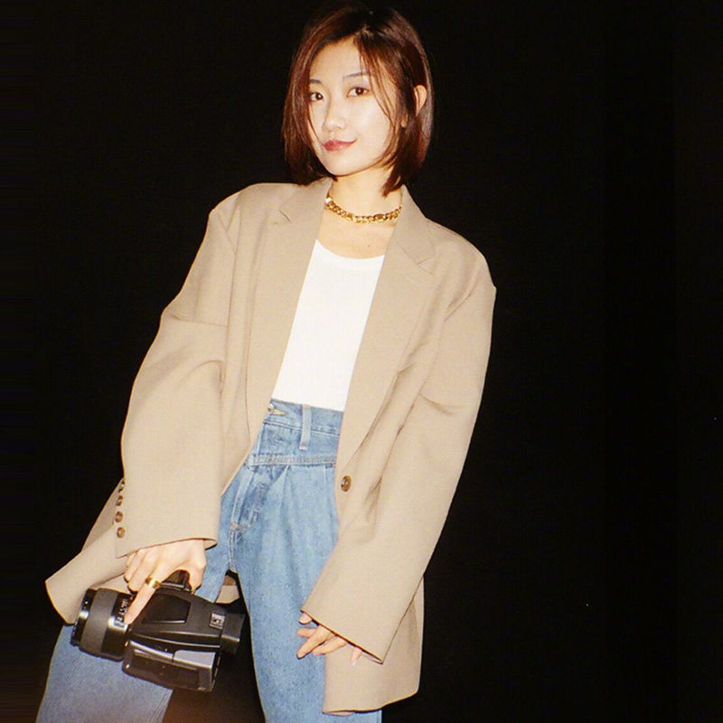 潮人博主savis同款卡其色西装外套宽松茧型落肩中长款大衣女秋冬