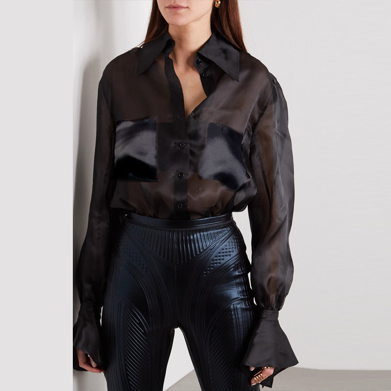 高端定制落肩宽松黑色微透衬衫女欧根纱 透明上衣女透视 网纱夏装