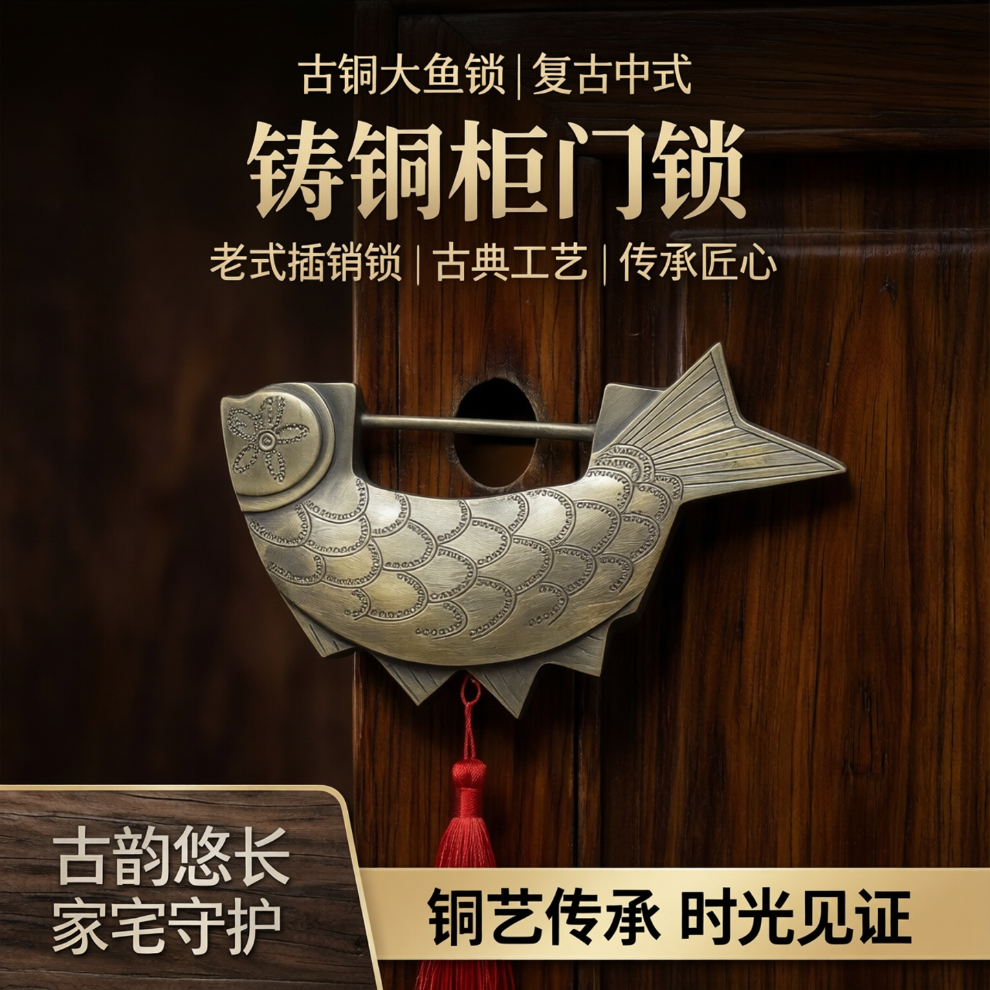 古铜大鱼锁复古挂锁 中式古代锁 铸铜柜门大门横开插销锁老式铜锁