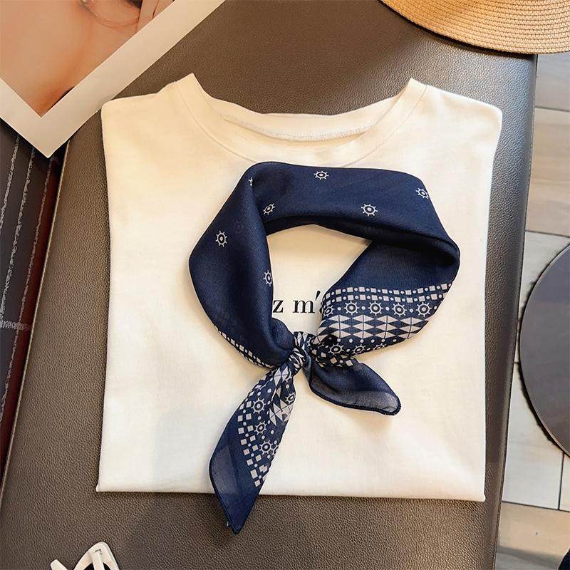 几何棉麻气质藏青小方巾丝巾女士春季新款百搭时尚领巾头巾围巾薄