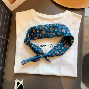 田园风森系显白蓝小花装饰丝巾通勤叠穿小方巾春秋新款全棉领巾女