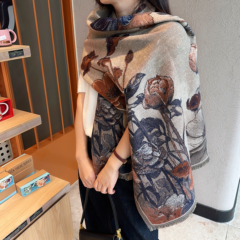 重工油画风加厚保暖围巾披肩女冬