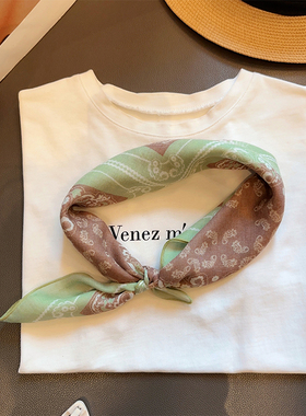 春季新款田园风几何图案小方巾领巾绿色丝巾系脖装饰薄款围巾夏