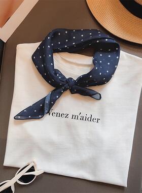 日系文艺波点白色丝巾小方巾女春夏叠穿时尚领巾脖绑围巾装饰头巾
