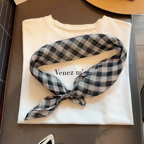 日系黑白格子小方巾春夏亚麻丝巾