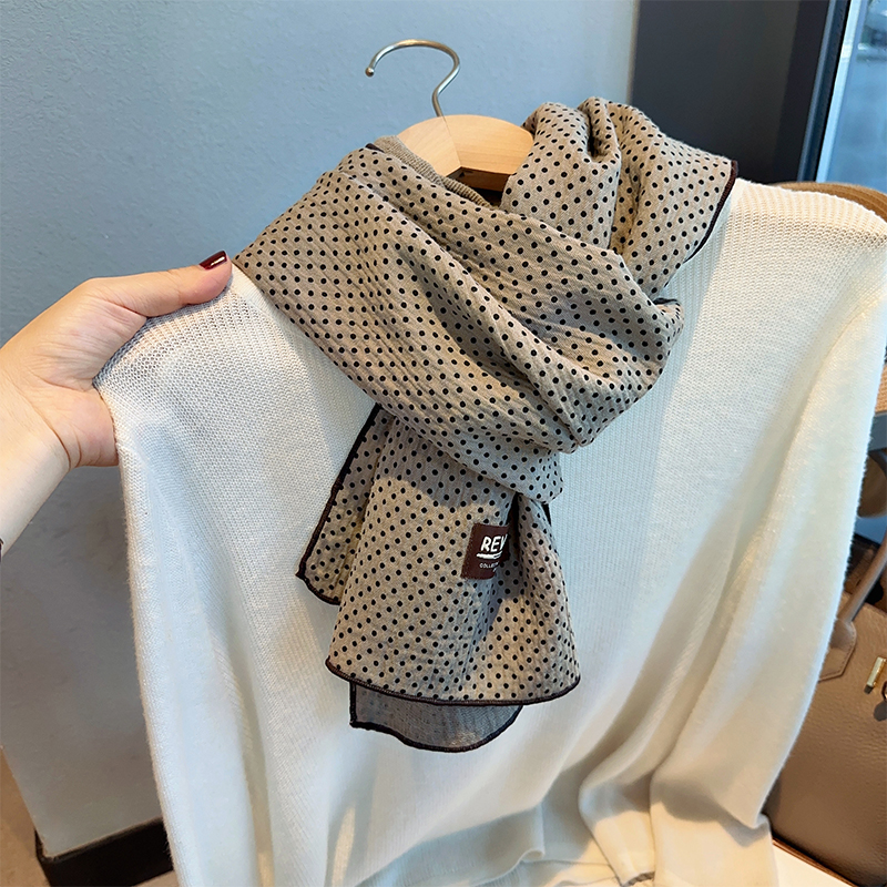 洋气橄榄绿日系点点纯棉长款围巾护颈丝巾女春秋保暖披肩学生围脖