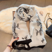 黑白蝴蝶简约素描棉麻围巾女春夏国风时尚 披肩围脖秋冬长款 丝巾薄